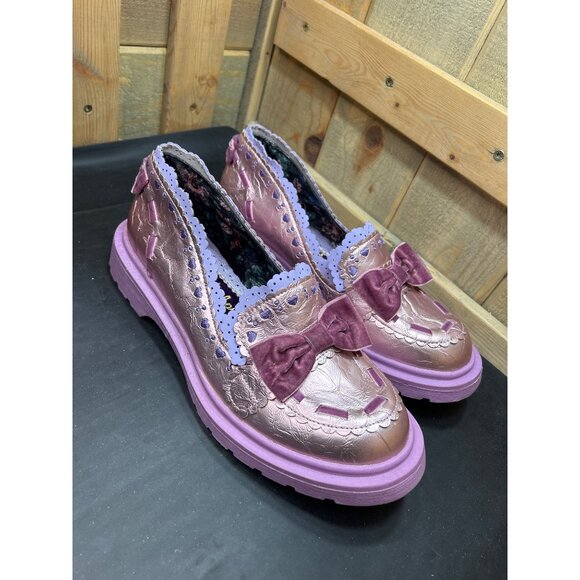 Irregular Choice Metallic Lilac Purple Loafers W/ Bows Scalloped Trim Lace US 11 - Picture 2 of 10